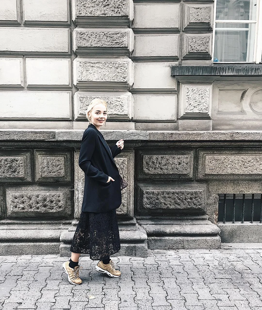 fall skirt and sneakers outfits 2026 + Black Lace Midi Skirt With An Oversized Blazer And Metallic Sneakers