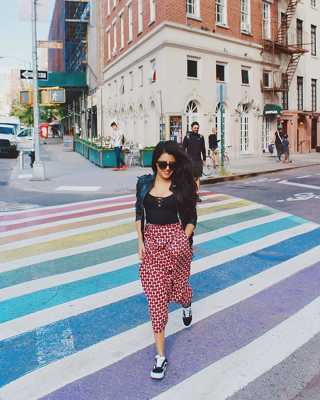 fall skirt and sneakers outfits 2026 + Geometric Midi Skirt With A Leather Jacket And Black Sneakers