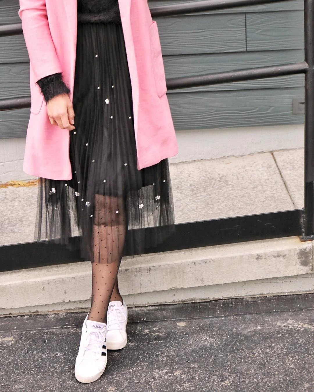 fall skirt and sneakers outfits 2026 + Black Tulle Skirt With A Pink Coat And White Adidas Sneakers