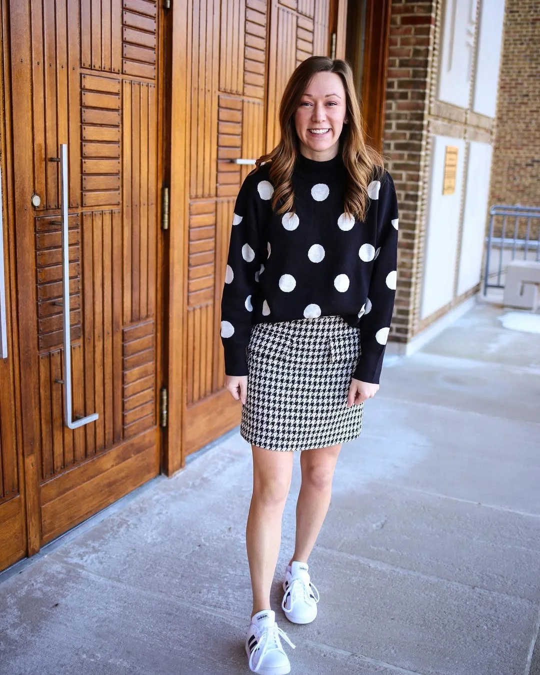 fall skirt and sneakers outfits 2026 + Mixed-Print Mini Skirt With Polka Dots And Adidas Sneakers