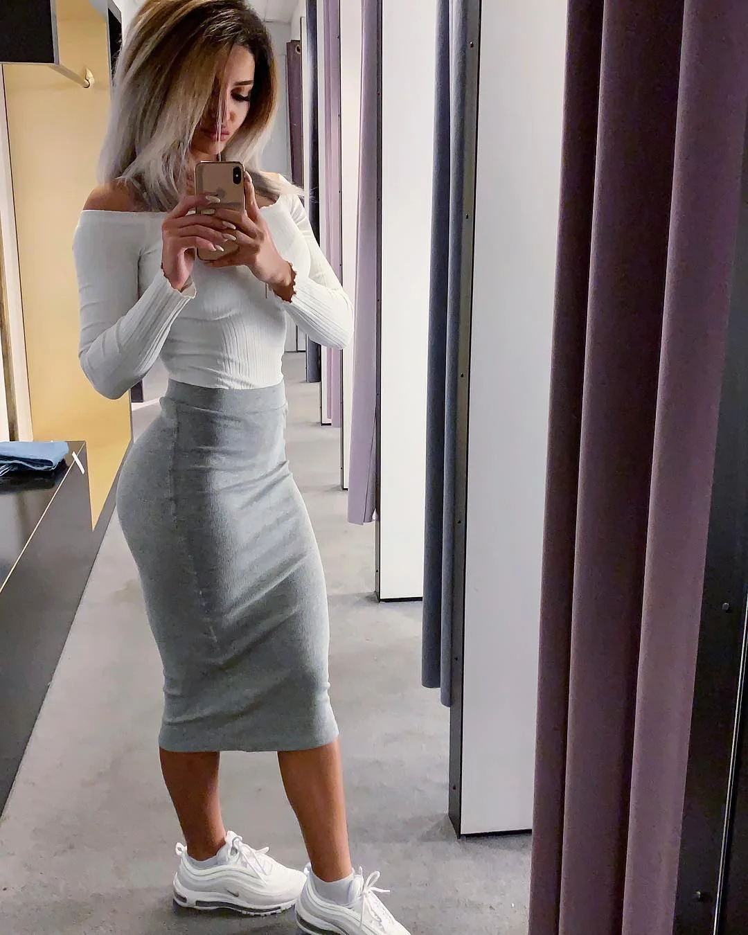 fall skirt and sneakers outfits 2026 + Gray Pencil Skirt With White Sneakers And A Soft Shoulder Top