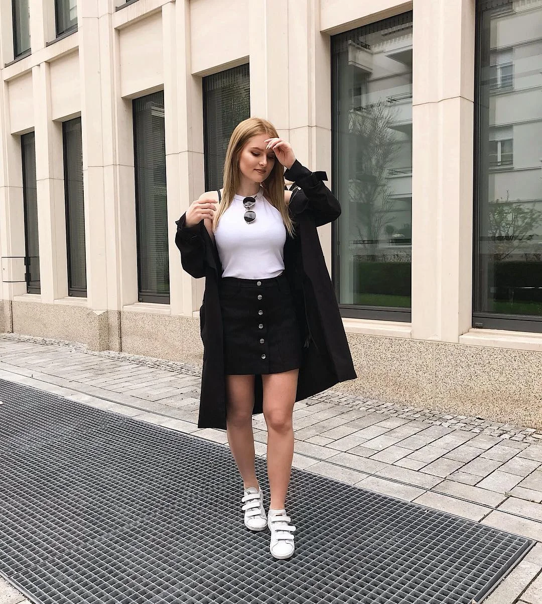 fall skirt and sneakers outfits 2026 + Button-Front Mini Skirt With A Black Coat And Velcro Sneakers