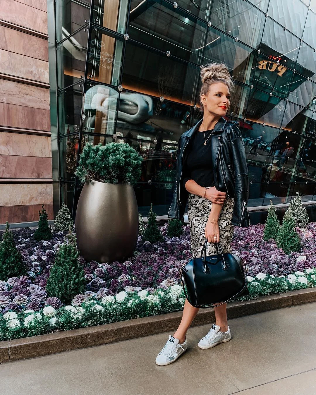 fall skirt and sneakers outfits 2026 + Snakeskin Midi Skirt With A Leather Jacket And Worn-In Sneakers