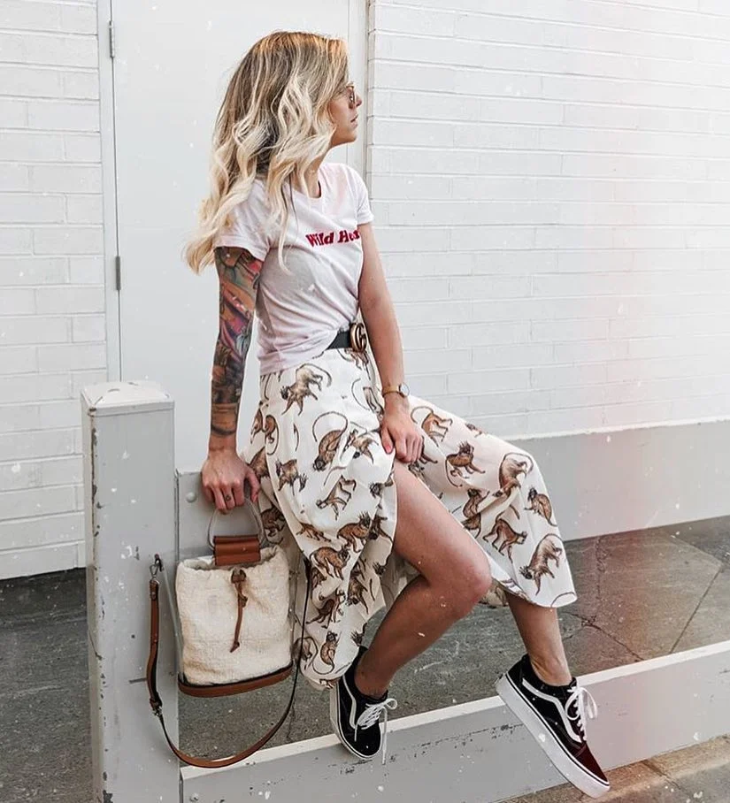 fall skirt and sneakers outfits 2026 + Printed Slit Skirt With A Graphic Tee And Black Vans