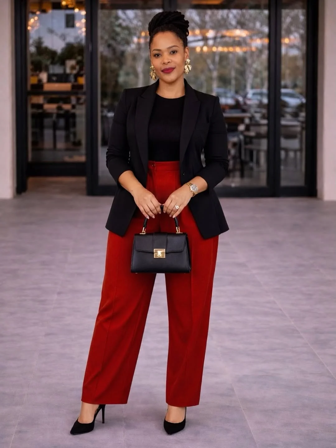 fall smart casual work outfit for women 2026 Black Blazer With Red High-Waisted Trousers
