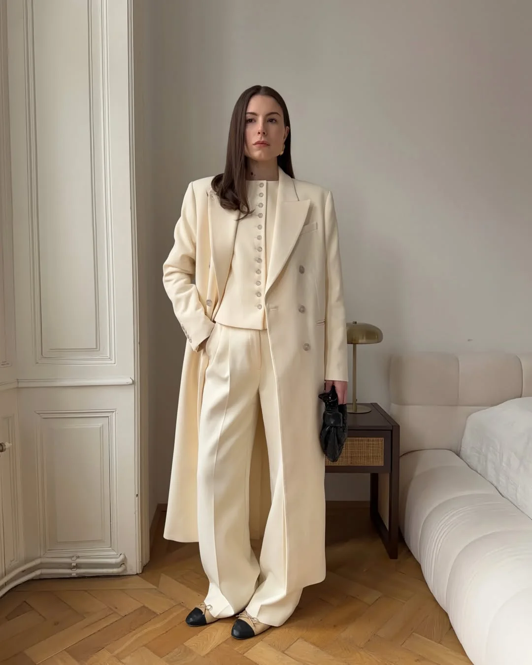 fall smart casual work outfit for women 2026 Cream Monochrome Suiting With A Long Tailored Coat