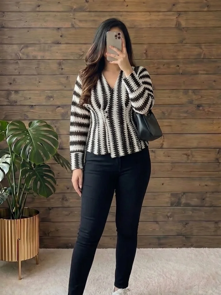 fall smart casual work outfit for women 2026 Striped Knit Cardigan With Black Slim Pants