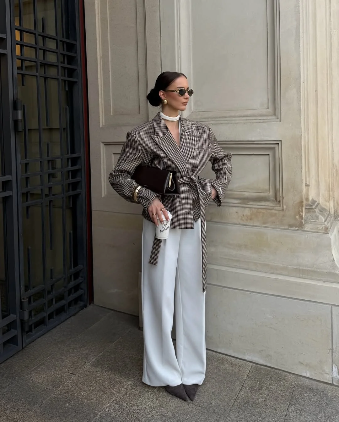 fall smart casual work outfit for women 2026 Belted Check Blazer With White Wide-Leg Trousers