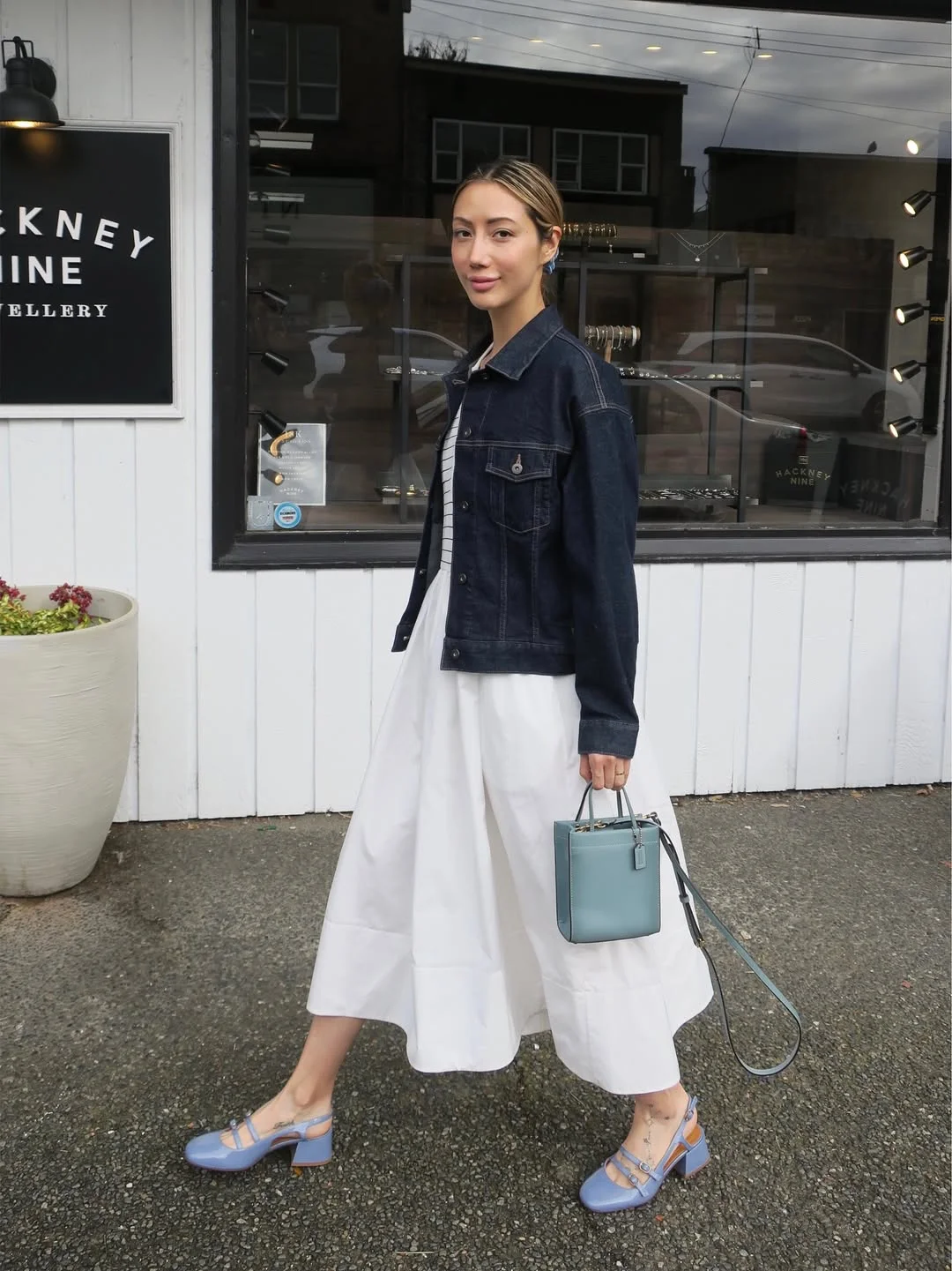 fall smart casual work outfit for women 2026 Dark Denim Jacket Over A White Midi Dress