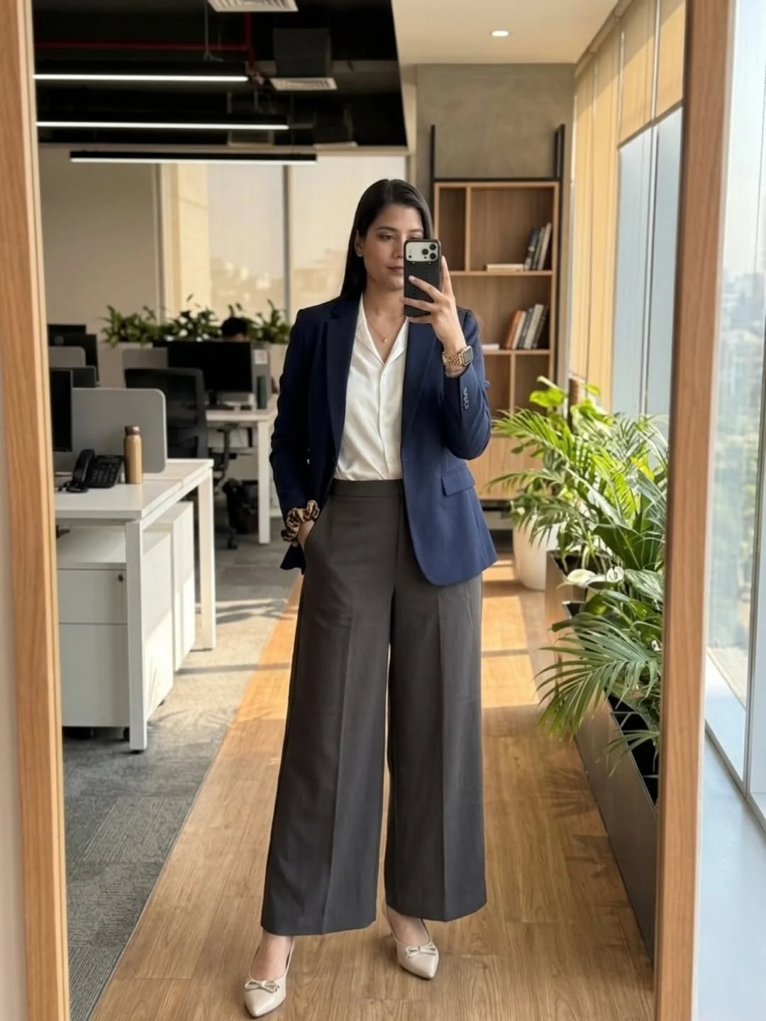 fall smart casual work outfit for women 2026 Navy Blazer With White Blouse And Charcoal Culottes