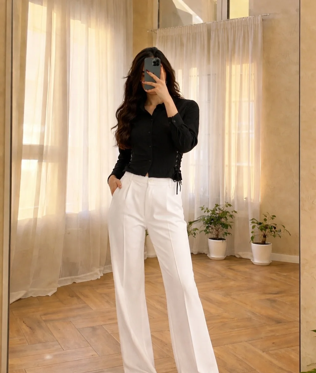 fall smart casual work outfit for women 2026 Black Button-Up Blouse With White Wide-Leg Trousers