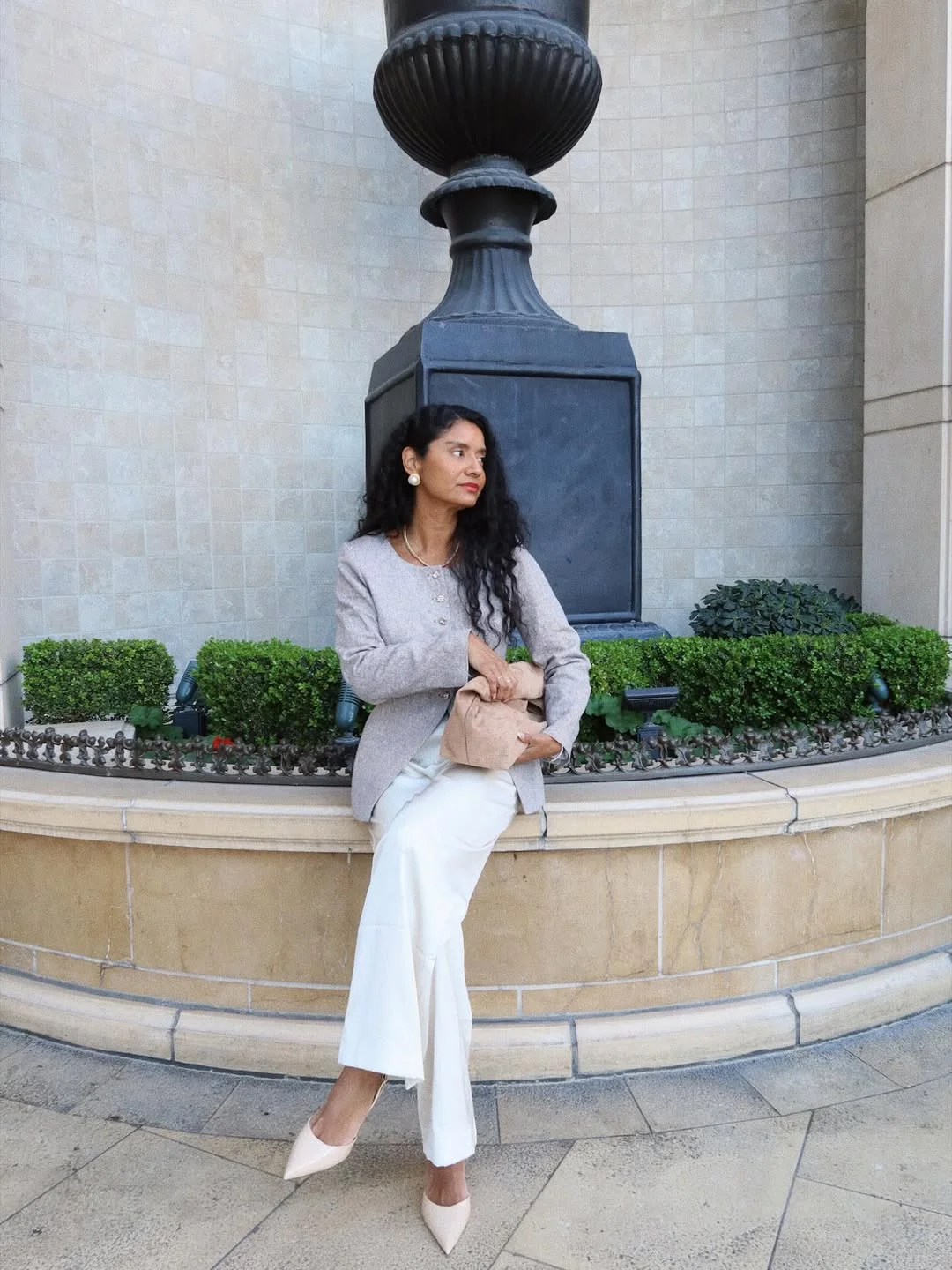 fall smart casual work outfit for women 2026 Soft Gray Cardigan With White Tailored Trousers