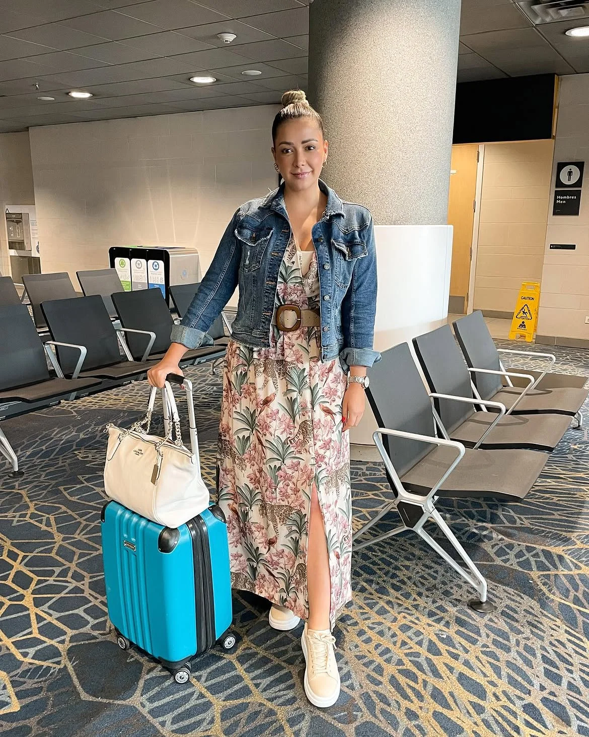 fall travel outfits 2026 + Floral Maxi Dress With a Denim Jacket