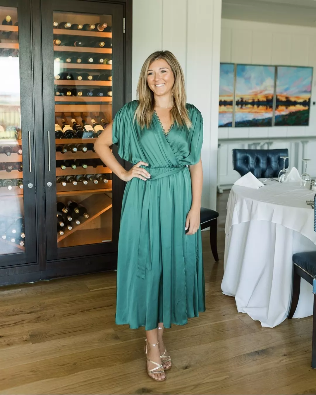 fall wedding guest dress 2026 Teal Wrap Midi Dress With Soft Sleeves