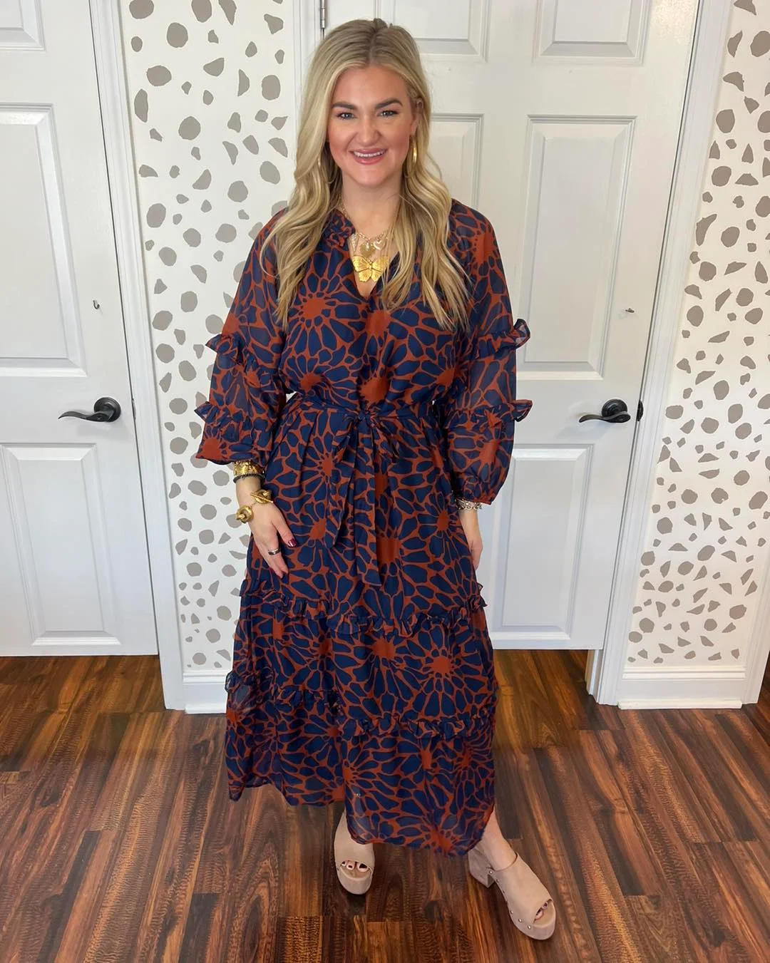 fall wedding guest dress 2026 Navy And Rust Printed Maxi Dress With Statement Sleeves