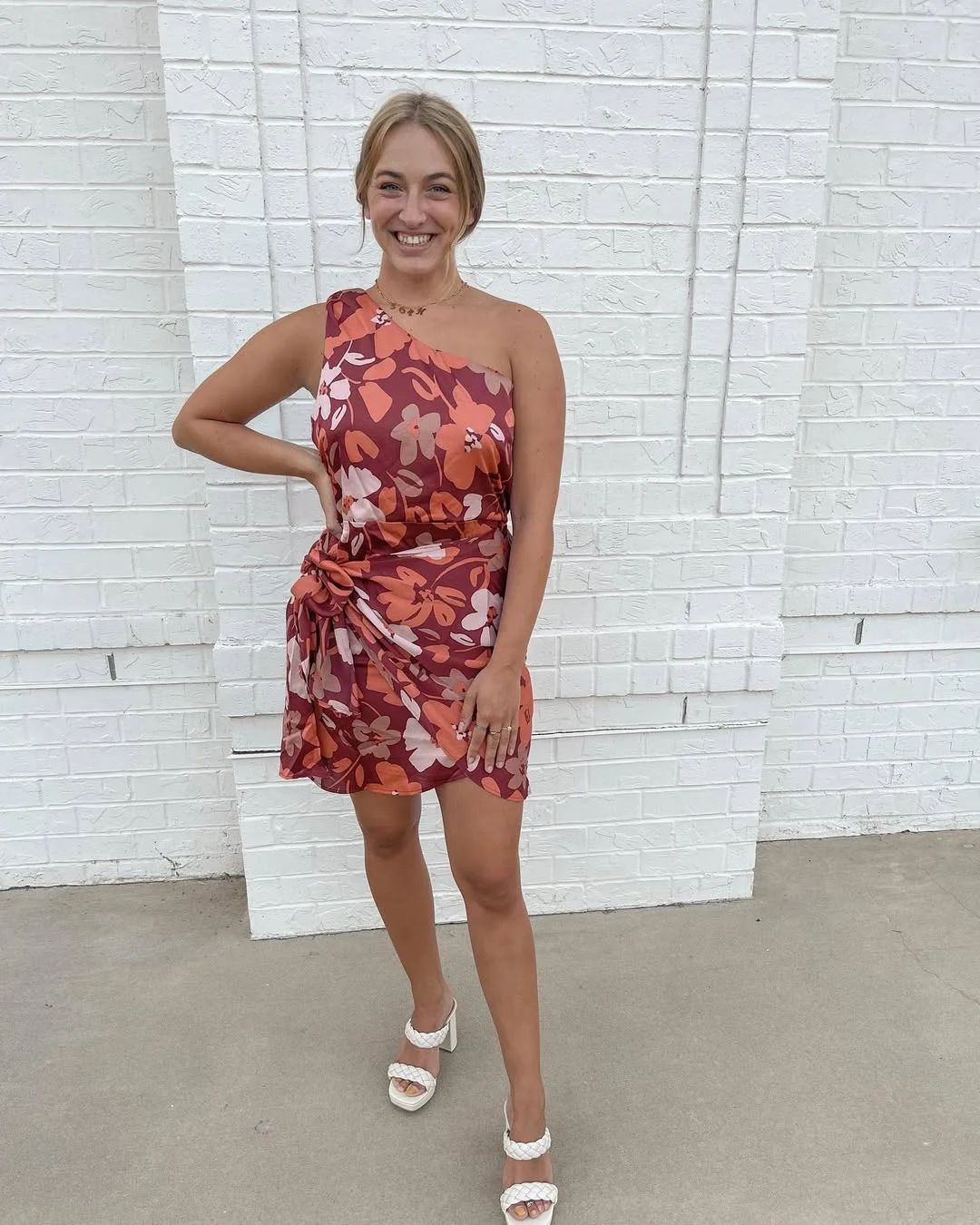 fall wedding guest dress 2026 One-Shoulder Floral Mini Dress With A Wrapped Waist