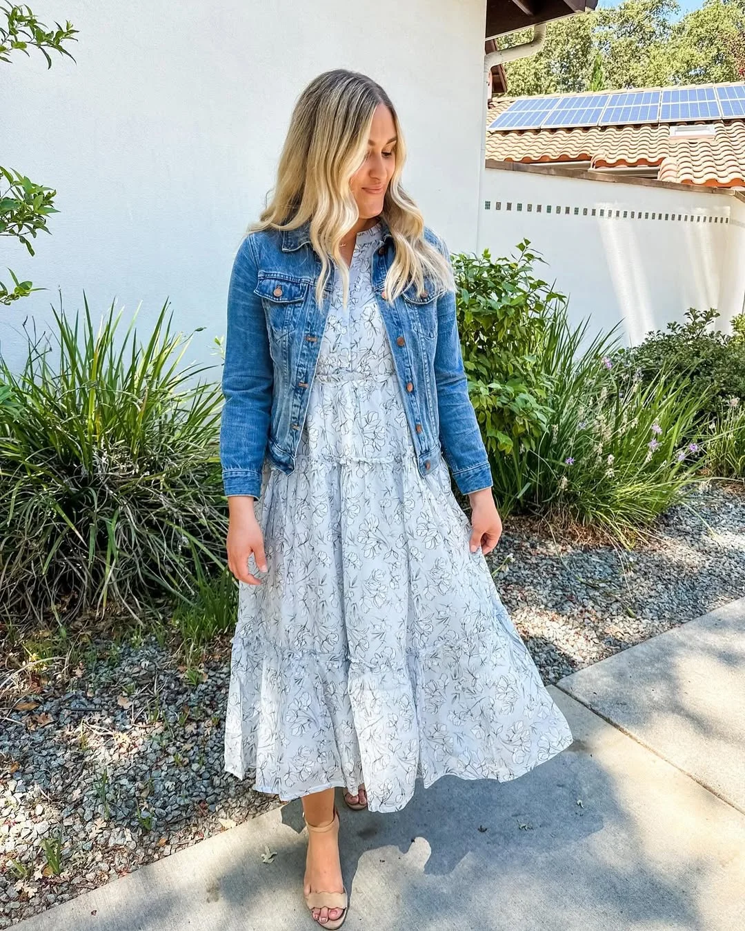 fall wedding guest dress 2026 Light Floral Midi Dress With A Denim Jacket