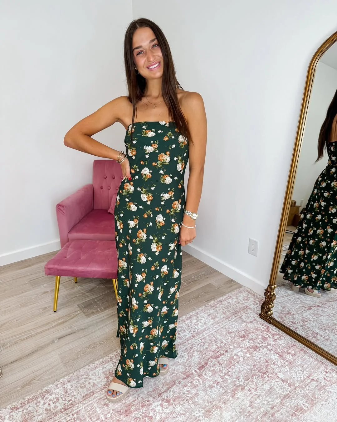 fall wedding guest dress 2026 Dark Green Floral Strapless Maxi Dress