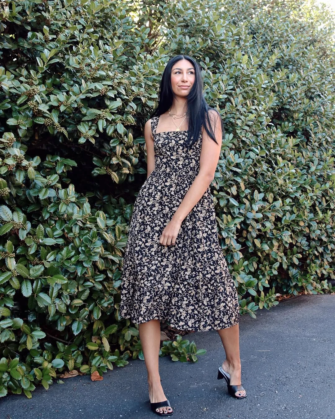fall wedding guest dress 2026 Black Floral Midi Dress With A Soft Square Neckline