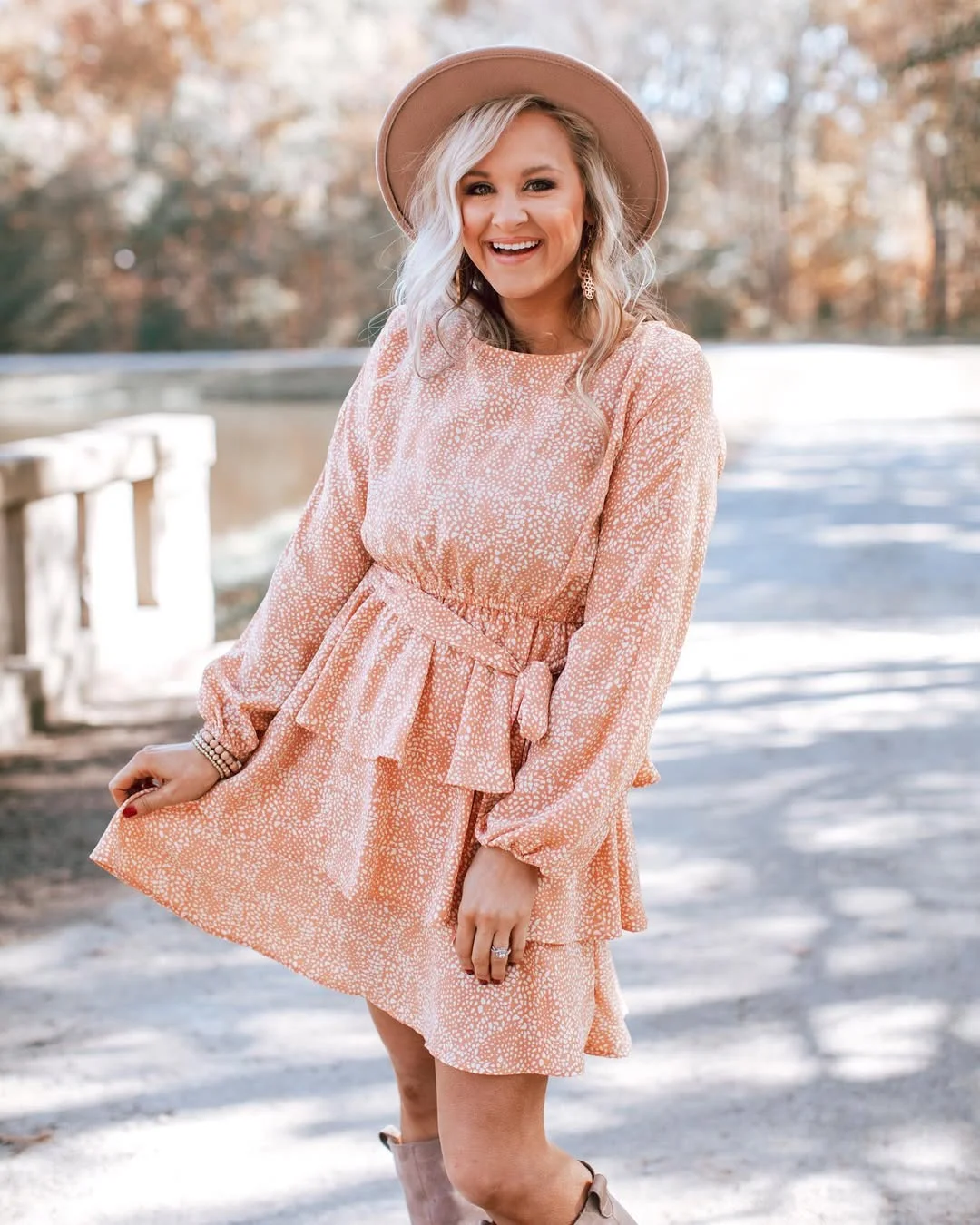 fall wedding guest dress 2026 Blush Long-Sleeve Mini Dress With Ankle Boots