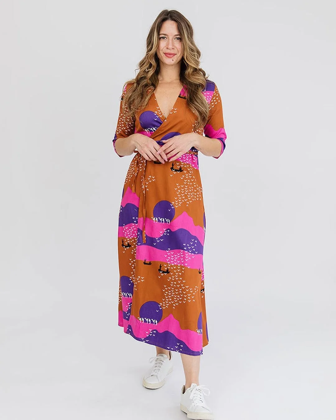 fall wedding guest dress 2026 Abstract Wrap Midi Dress For A Creative Casual Wedding