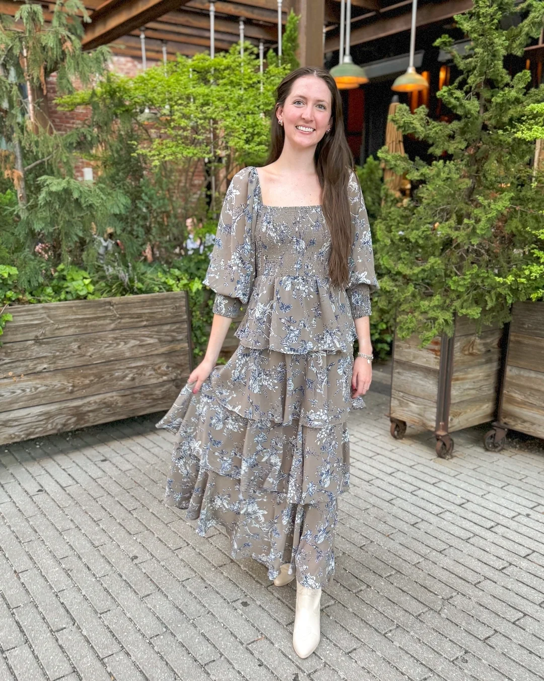 fall wedding guest dress 2026 Taupe Floral Tiered Dress With White Boots