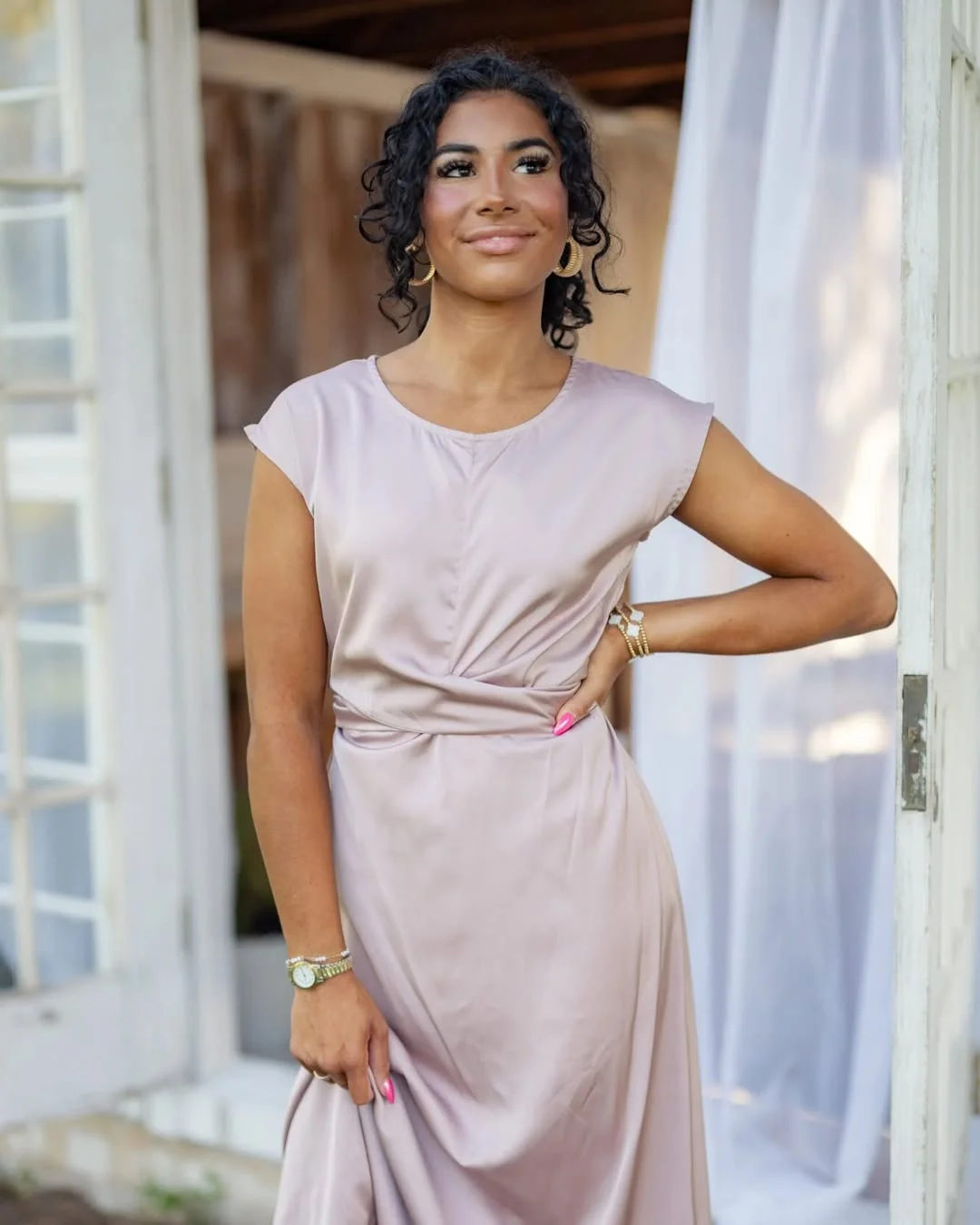 fall wedding guest dress 2026 Soft Blush Twist-Waist Midi Dress