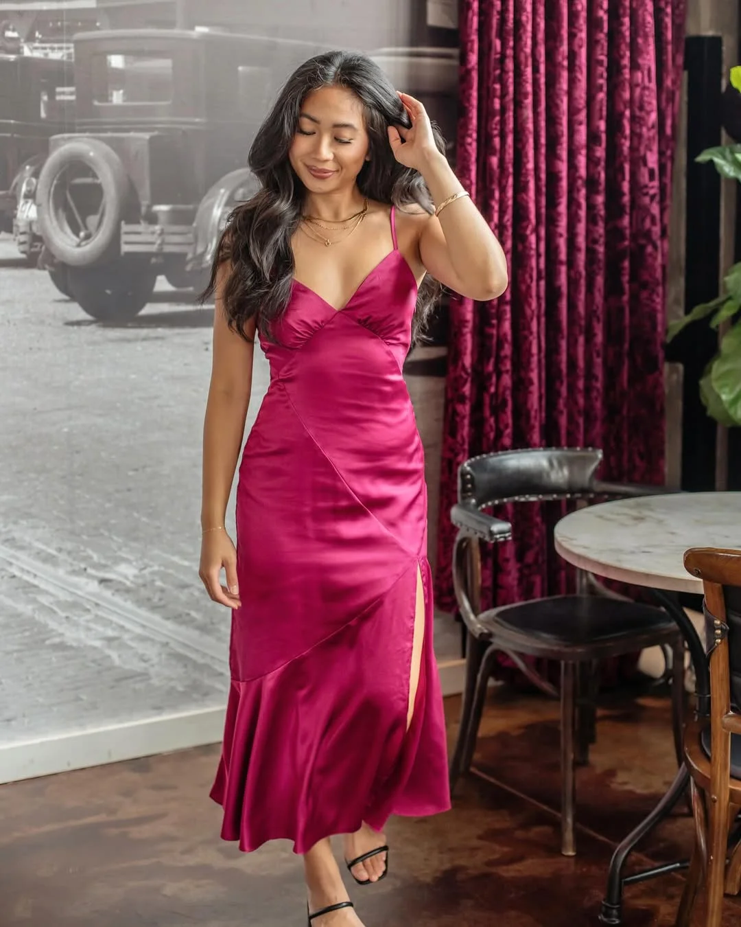fall wedding guest dress 2026 Raspberry Satin Slip Dress With Evening Energy