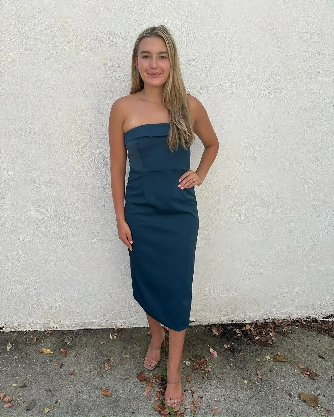 fall wedding guest dress 2026 Deep Teal Strapless Midi Dress With Clean Lines