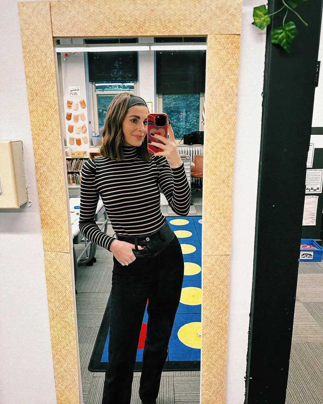fall work outfits 2026 Striped Turtleneck and Black Denim for Everyday Office Ease