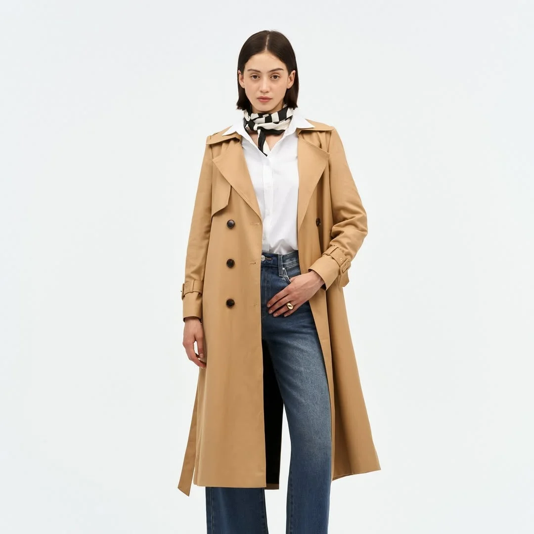 fall work outfits 2026 Camel Trench White Shirt and Denim Polish
