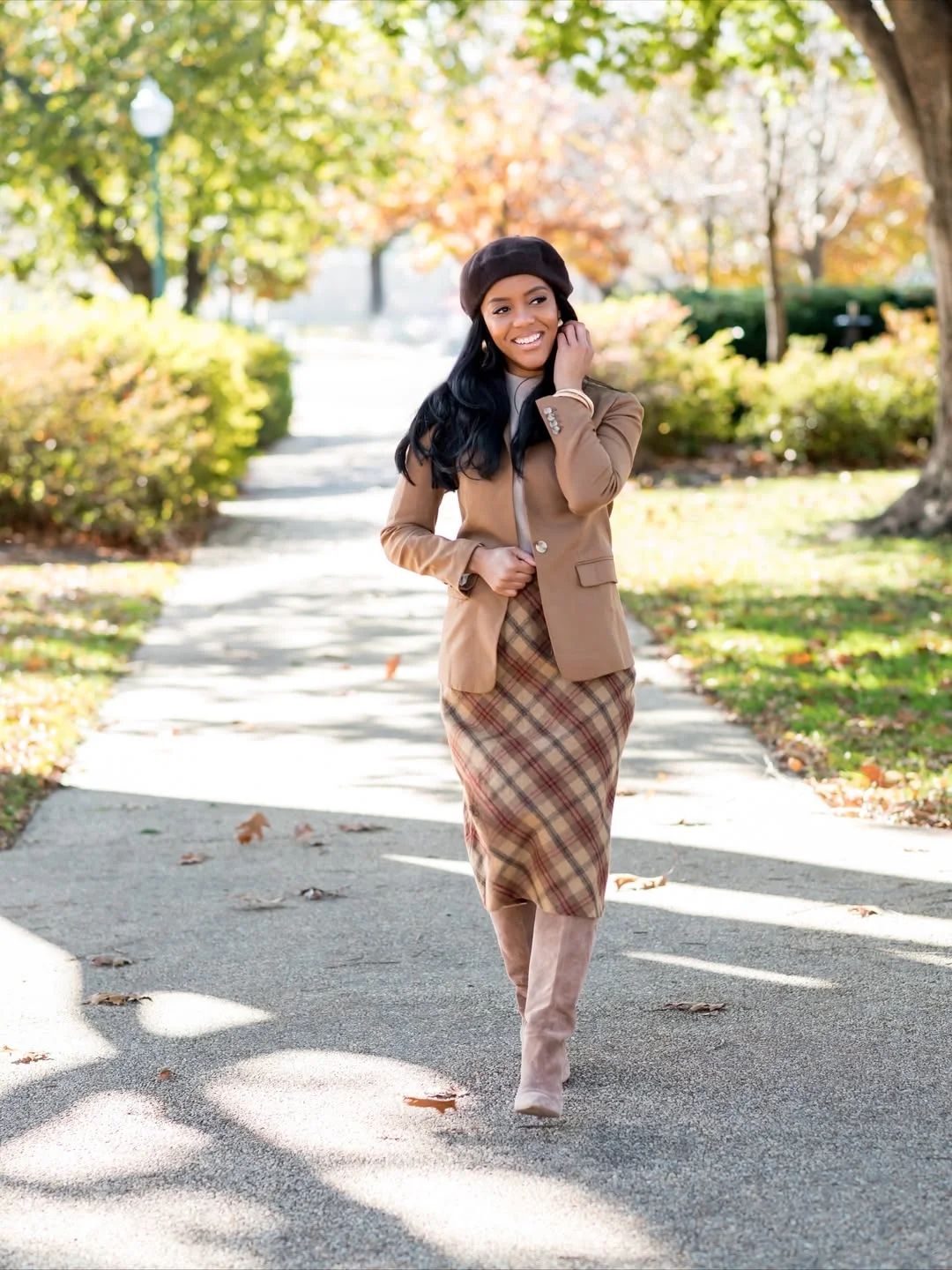 fall work outfits 2026 Plaid Pencil Skirt With Camel Blazer Warmth