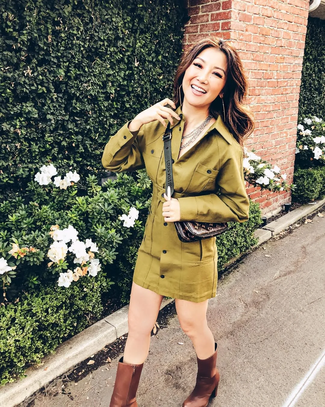 fall work outfits 2026 Olive Shirt Dress With Brown Boots