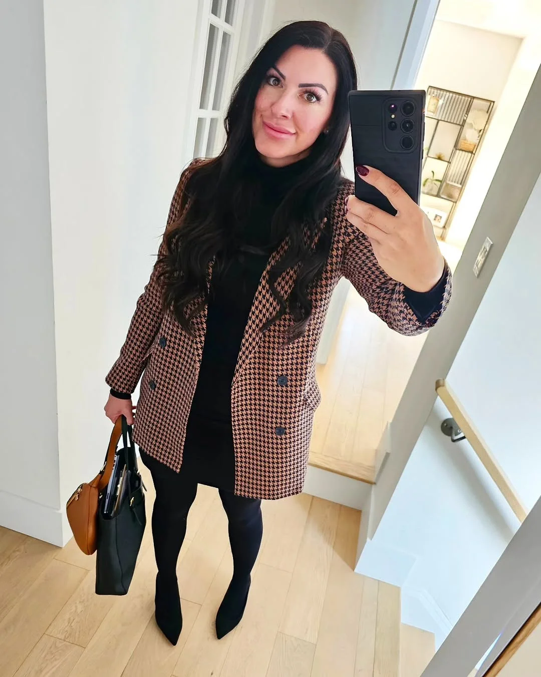 fall work outfits 2026 Houndstooth Blazer and Black Knit Dress