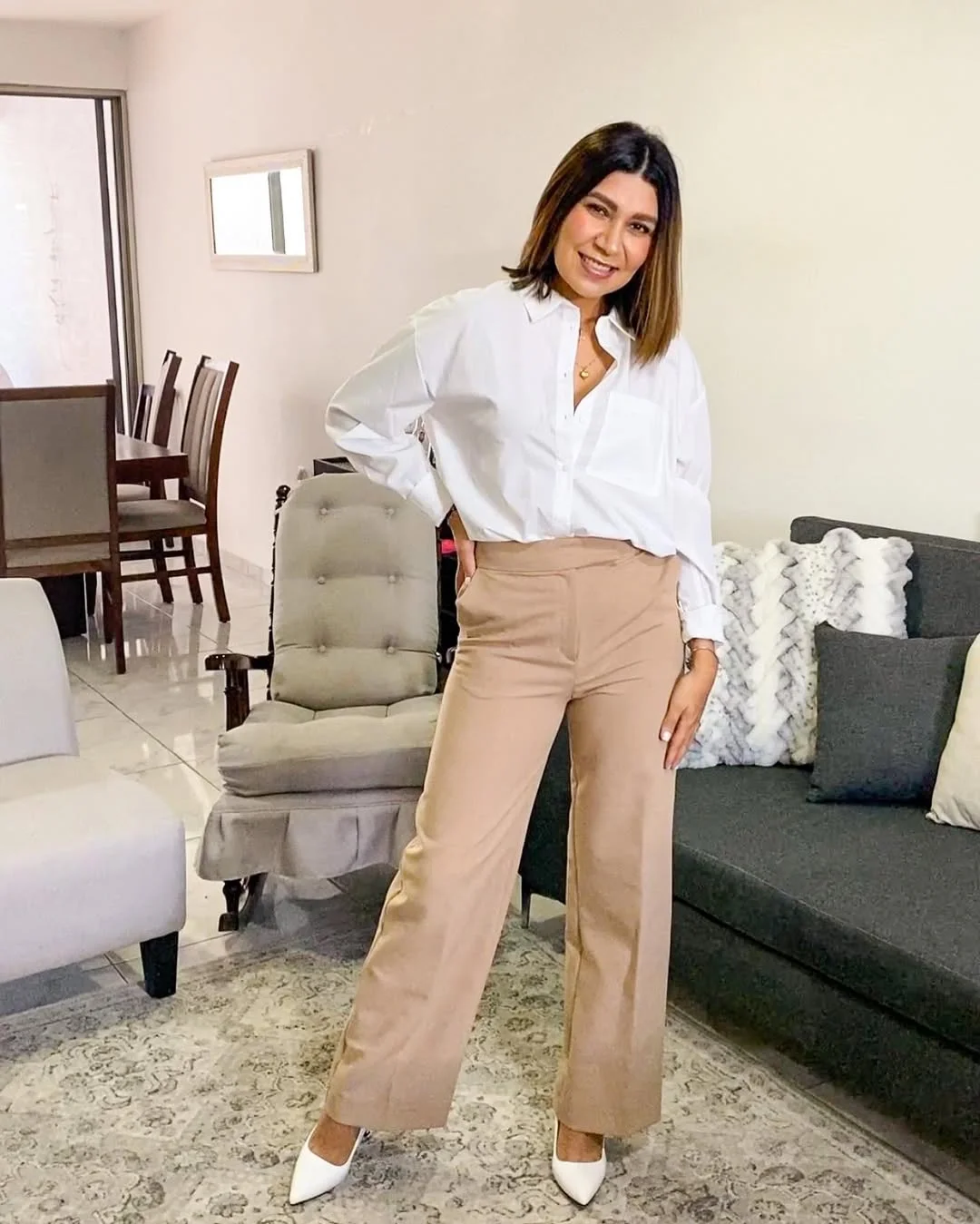 fall work outfits 2026 White Shirt and Camel Trousers That Always Look Expensive