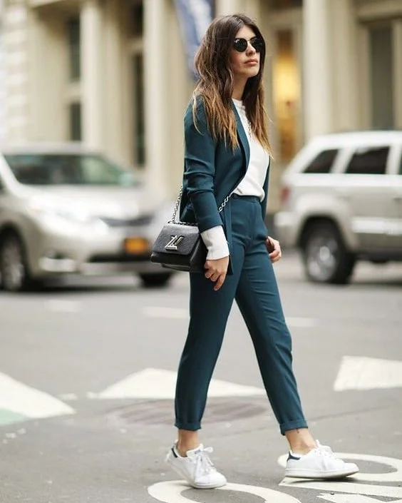 fall work outfits 2026 Teal Suit With White Sneakers for Modern Office Ease