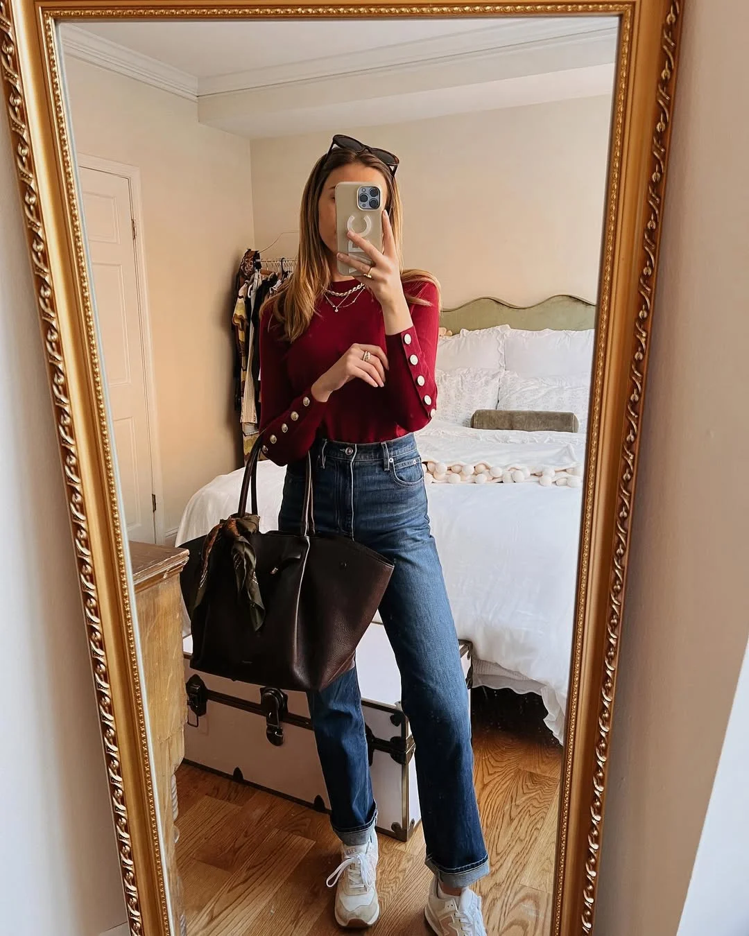 fall work outfits 2026 Burgundy Knit and Straight Jeans for Casual Fridays