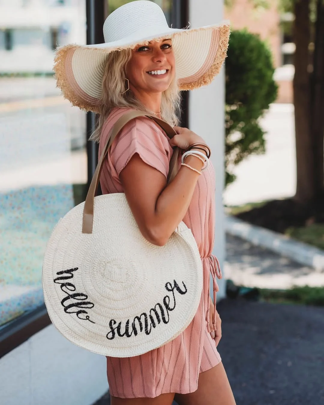 July fashion trends 2026 + Blush Romper With A Hello Summer Straw Moment