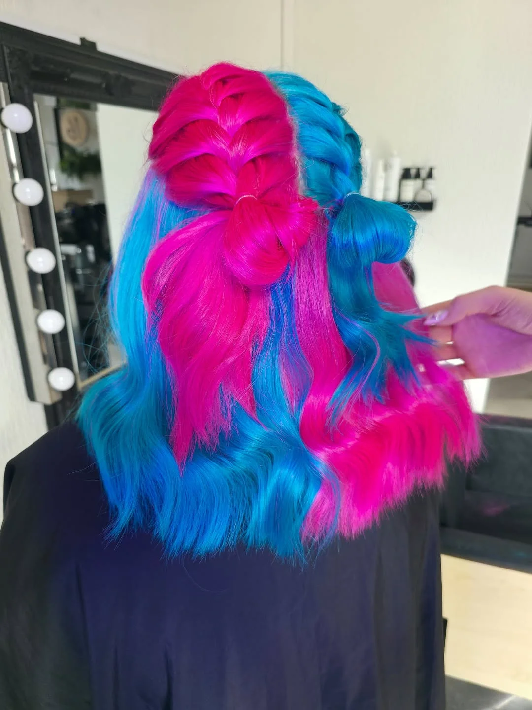 July hair colour ideas 2026 Split Pink And Blue Hair With A Statement Bow Finish