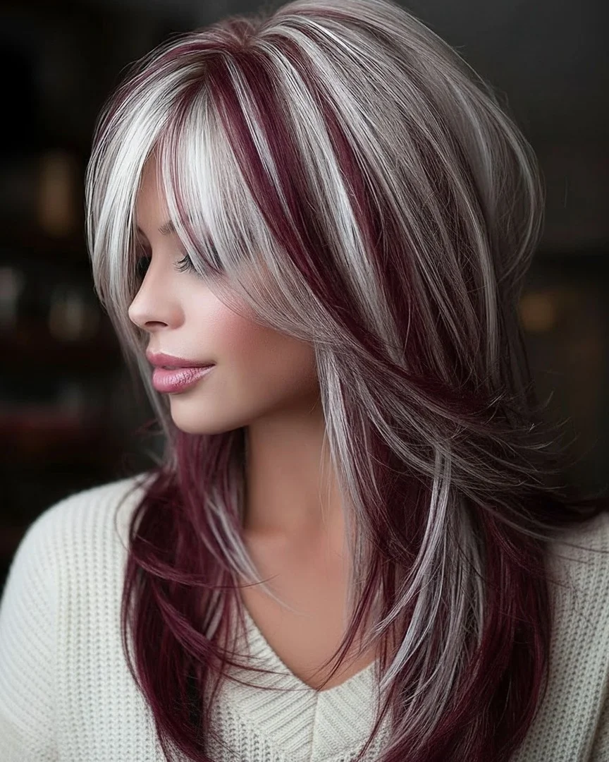 July hair colour ideas 2026 Silver Blonde Layers With Burgundy Ribbon Contrast