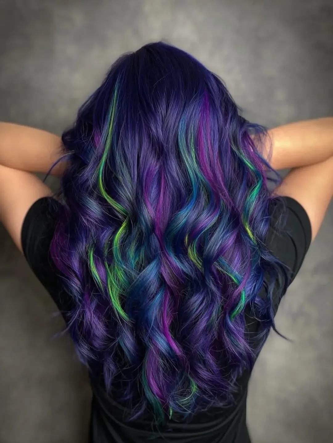 July hair colour ideas 2026 Midnight Purple Waves With Neon Hidden Streaks