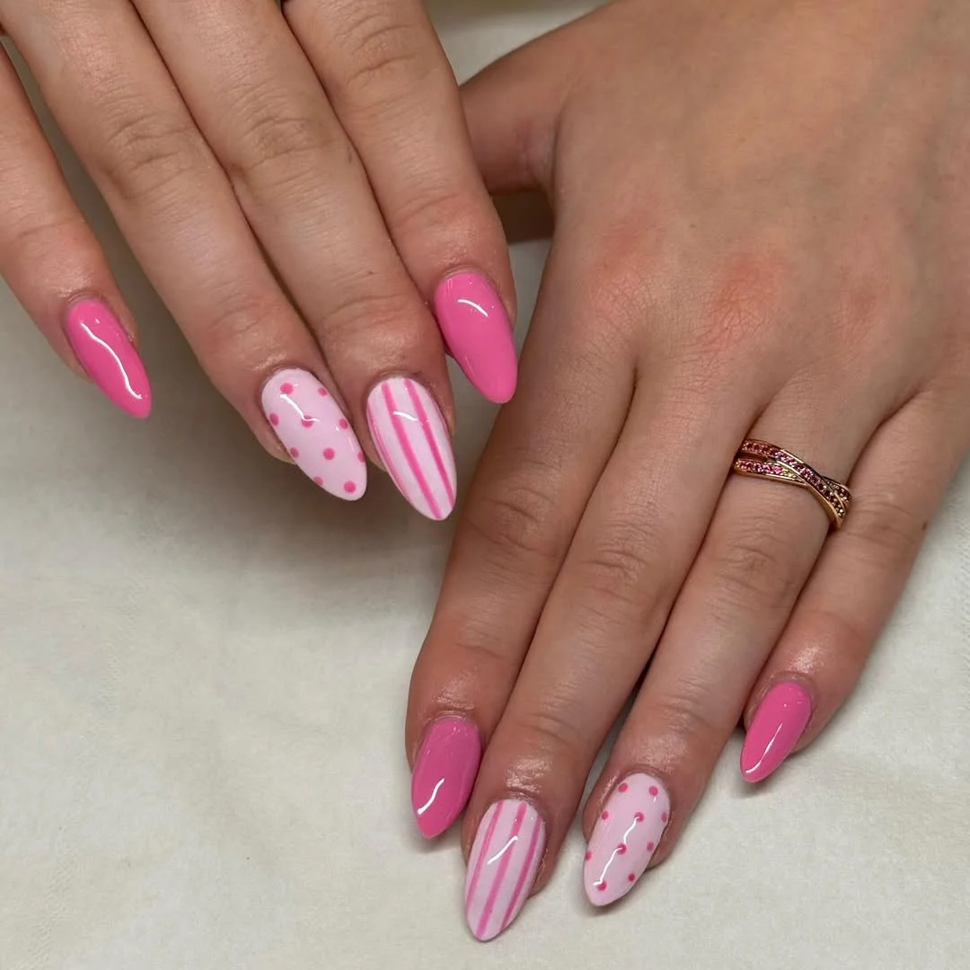 July nail colours ideas 2026 Glossy Pink Candy Stripes And Dots