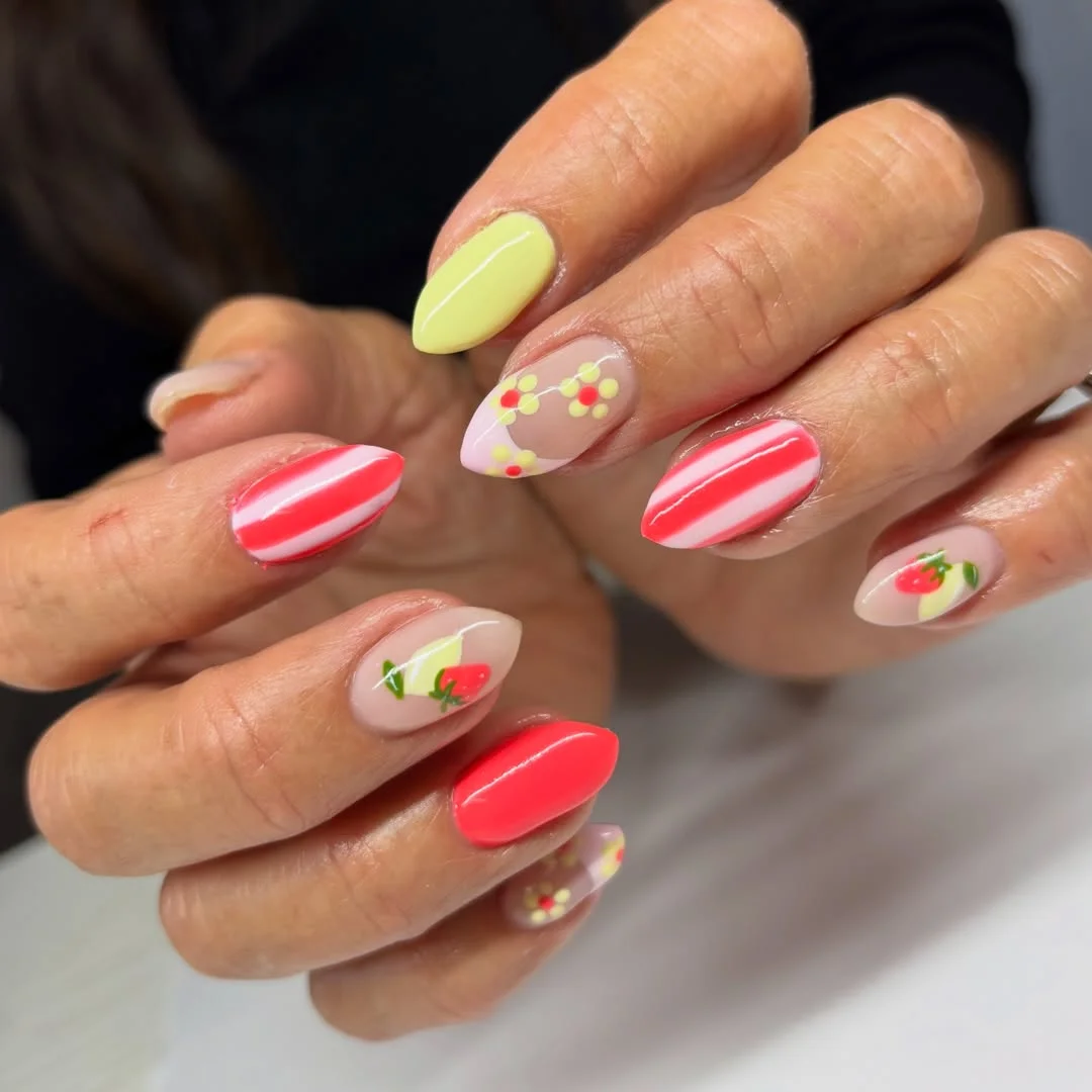 July nail colours ideas 2026 Coral Stripes And Lemon Fruit Nail Art
