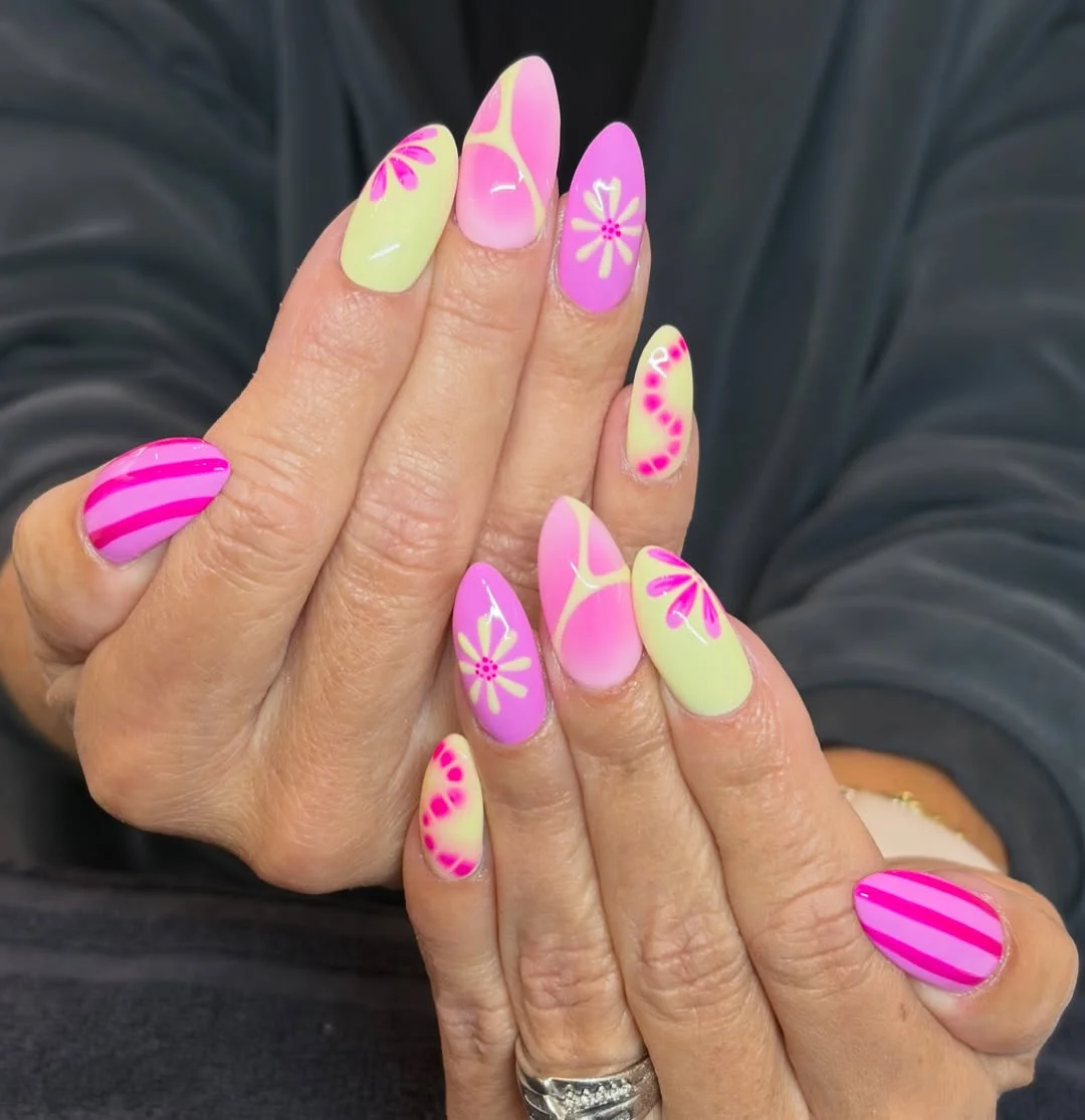 July nail colours ideas 2026 Lemon Pink Almond Nails With Floral Swirls