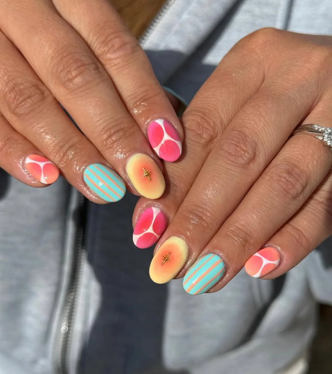 July nail colours ideas 2026 Retro Sorbet Short Nails With Pastel Stripes