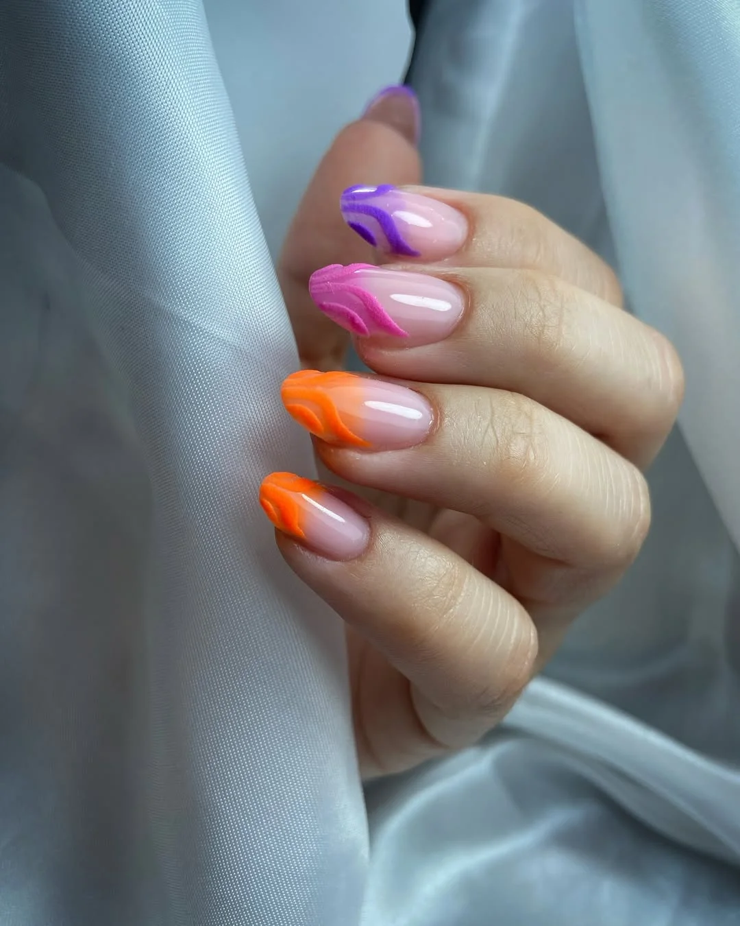 July nail colours ideas 2026 Glossy Nude Nails With Neon Flame Tips