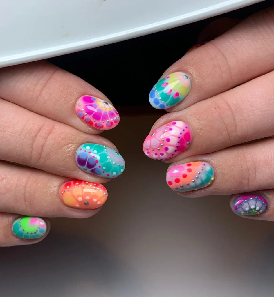 July nail colours ideas 2026 Short Rainbow Tie Dye Nails With Tiny Dot Details