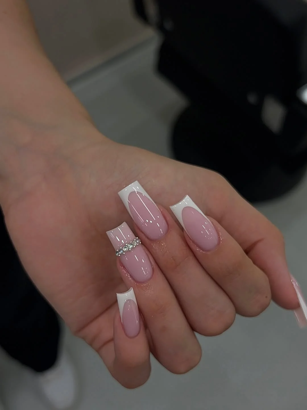 july nails design ideas 2026 + White Square French Nails With a Rhinestone Accent