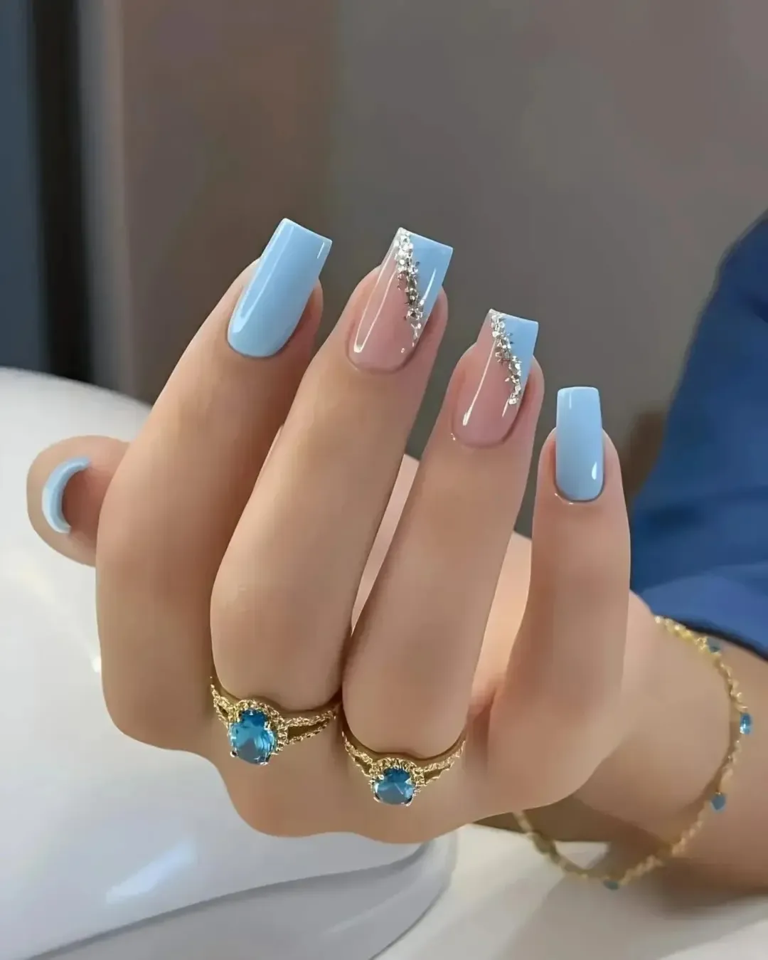 july nails design ideas 2026 + Baby Blue Square Nails With Crystal French Accents