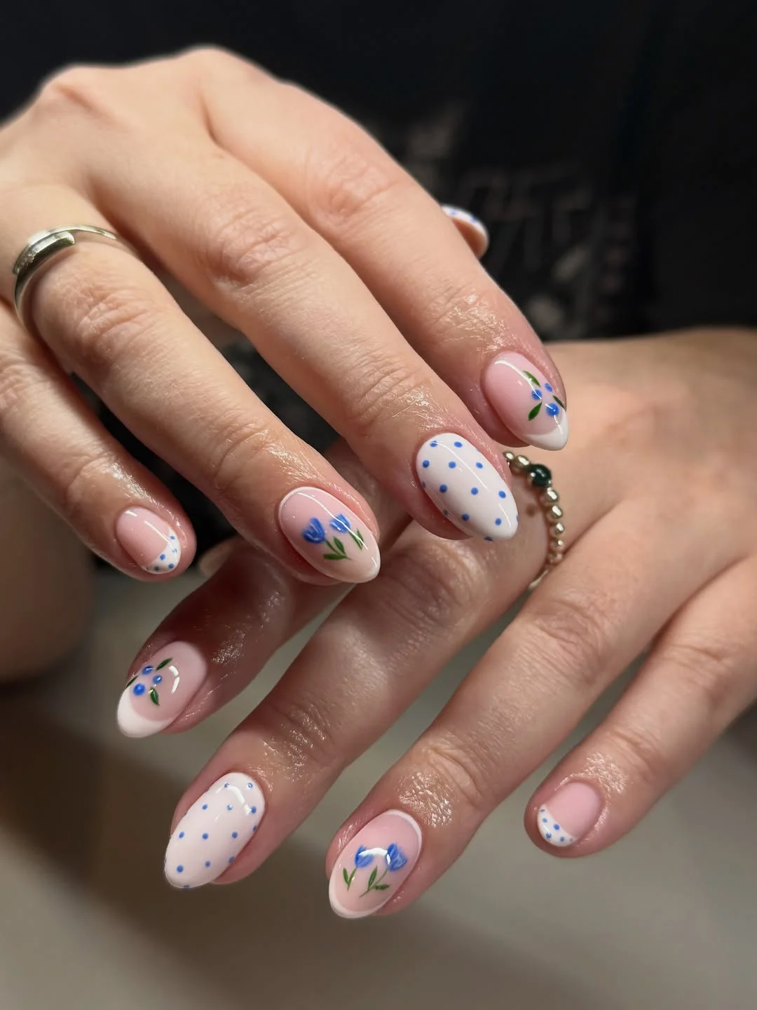 july nails design ideas 2026 + Blue Floral French Nails With a Soft Picnic Feel